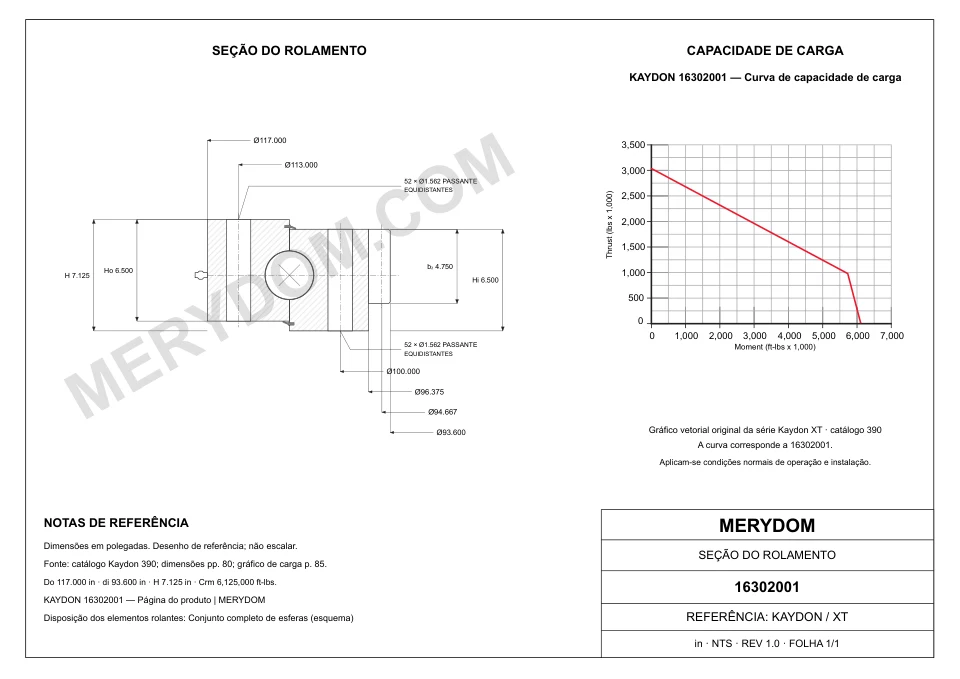 Desenho CAD do rolamento de giro de substituição MERYDOM para KAYDON 16302001, com dimensões e furos de montagem.