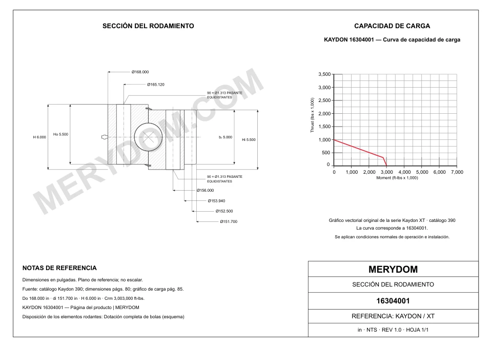 Plano CAD de la corona de giro de sustitución MERYDOM para KAYDON 16304001, con dimensiones y orificios de montaje.