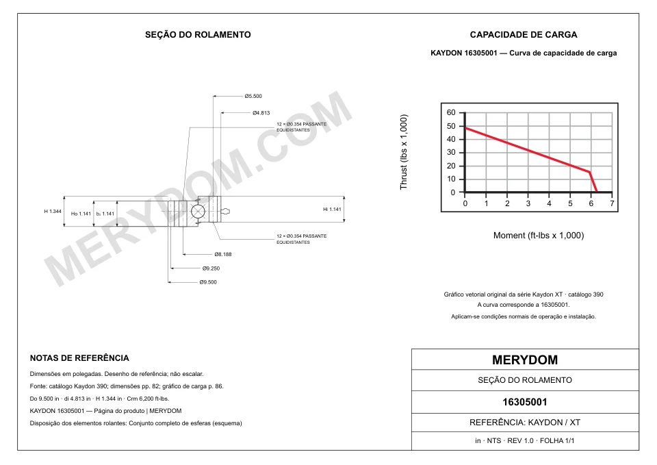 Desenho CAD do rolamento de giro de substituição MERYDOM para KAYDON 16305001, com dimensões e furos de montagem.