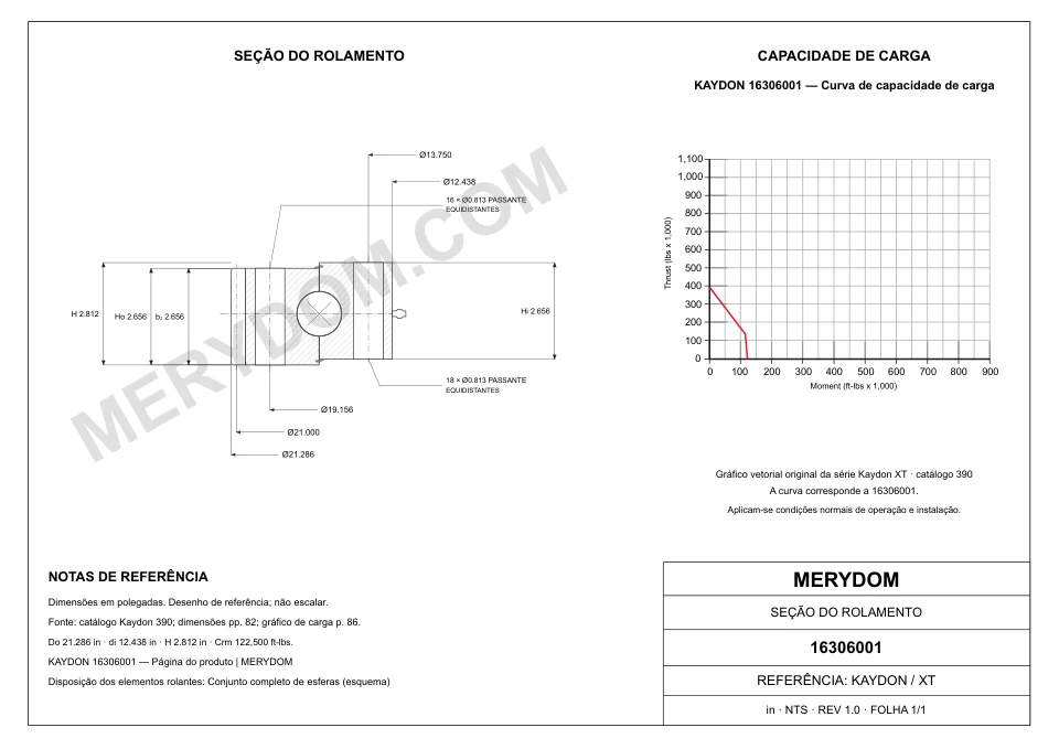 Desenho CAD do rolamento de giro de substituição MERYDOM para KAYDON 16306001, com dimensões e furos de montagem.