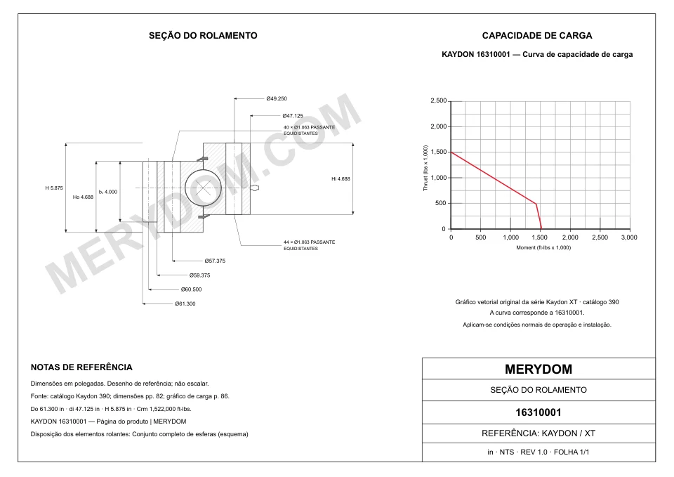 Desenho CAD do rolamento de giro de substituição MERYDOM para KAYDON 16310001, com dimensões e furos de montagem.