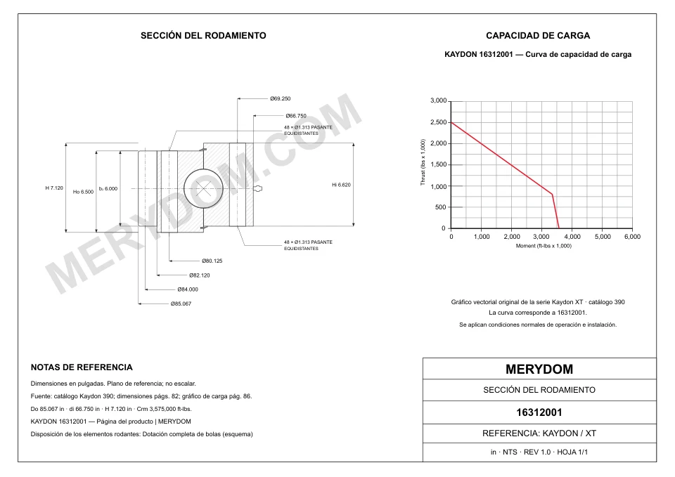 Plano CAD de la corona de giro de sustitución MERYDOM para KAYDON 16312001, con dimensiones y orificios de montaje.