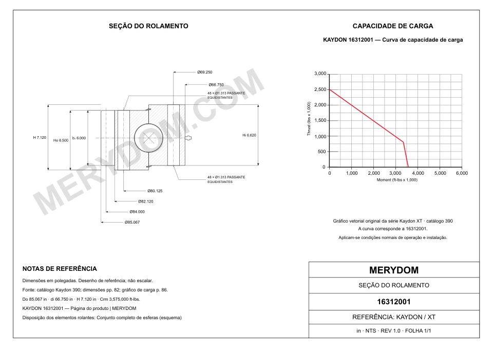 Desenho CAD do rolamento de giro de substituição MERYDOM para KAYDON 16312001, com dimensões e furos de montagem.