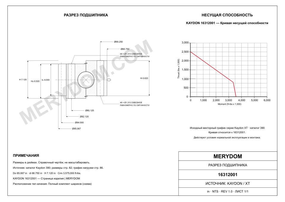 CAD-чертёж опорно-поворотного устройства MERYDOM для замены KAYDON 16312001 с размерами и монтажными отверстиями.