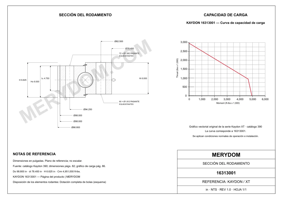 Plano CAD de la corona de giro de sustitución MERYDOM para KAYDON 16313001, con dimensiones y orificios de montaje.