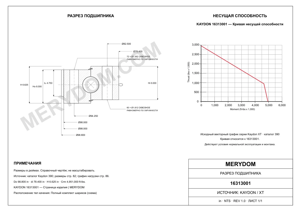 CAD-чертёж опорно-поворотного устройства MERYDOM для замены KAYDON 16313001 с размерами и монтажными отверстиями.