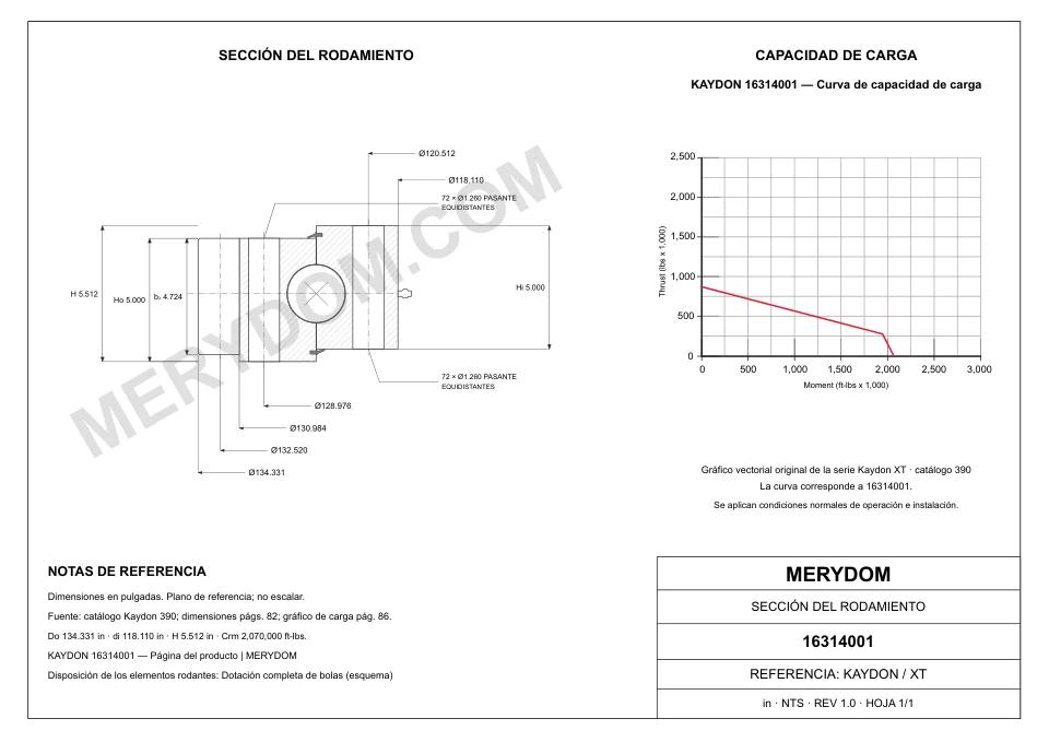 Plano CAD de la corona de giro de sustitución MERYDOM para KAYDON 16314001, con dimensiones y orificios de montaje.