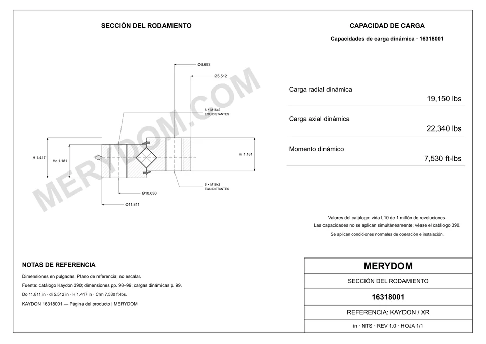 Plano CAD de la corona de giro de sustitución MERYDOM para KAYDON 16318001, con dimensiones y orificios de montaje.