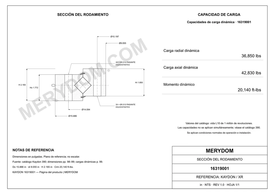Plano CAD de la corona de giro de sustitución MERYDOM para KAYDON 16319001, con dimensiones y orificios de montaje.