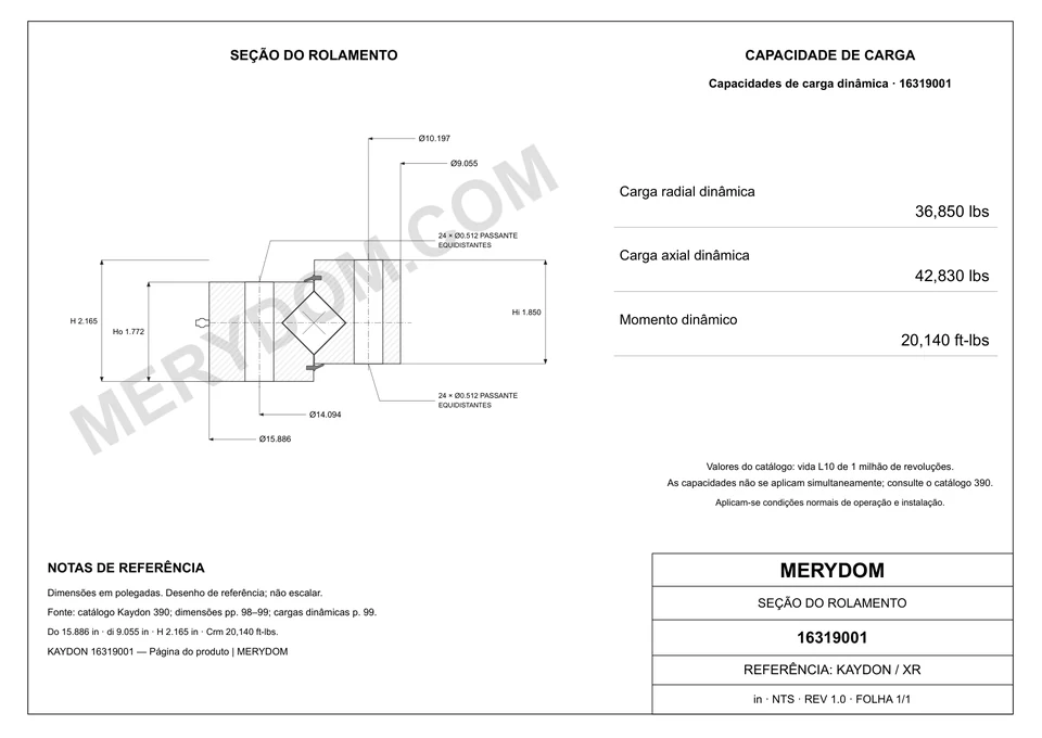 Desenho CAD do rolamento de giro de substituição MERYDOM para KAYDON 16319001, com dimensões e furos de montagem.