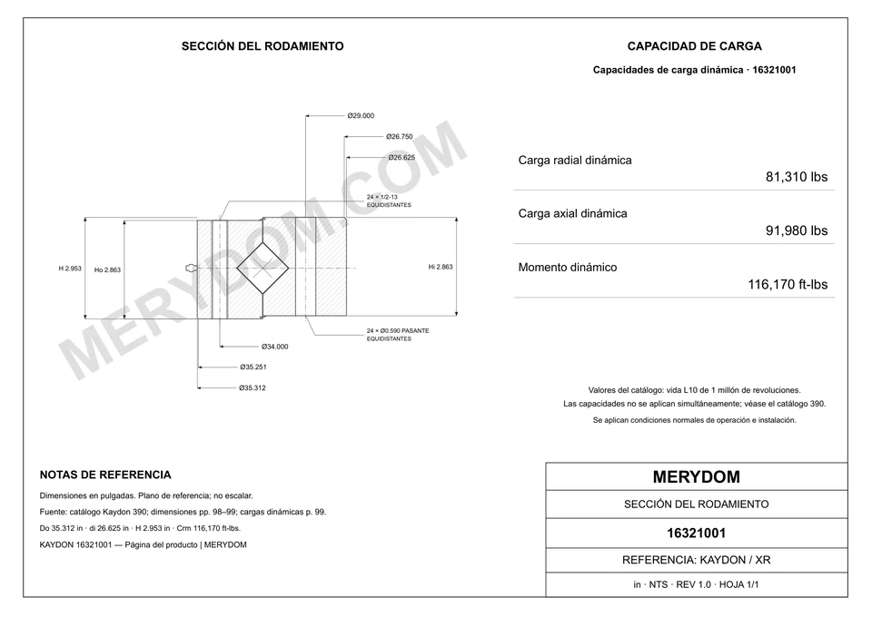 Plano CAD de la corona de giro de sustitución MERYDOM para KAYDON 16321001, con dimensiones y orificios de montaje.