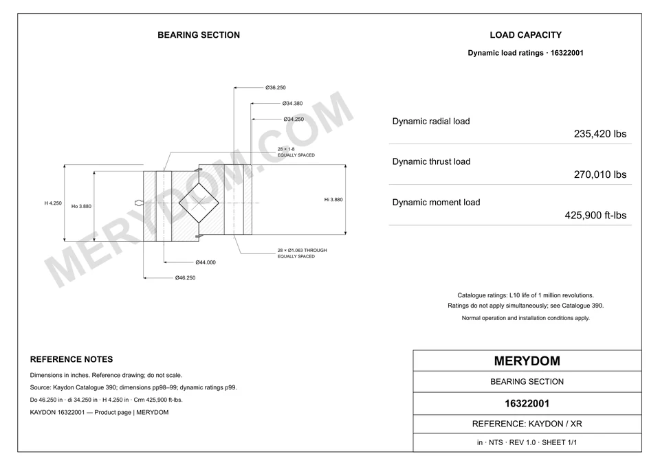 CAD drawing of the MERYDOM replacement slewing bearing for KAYDON 16322001, showing dimensions and mounting holes.