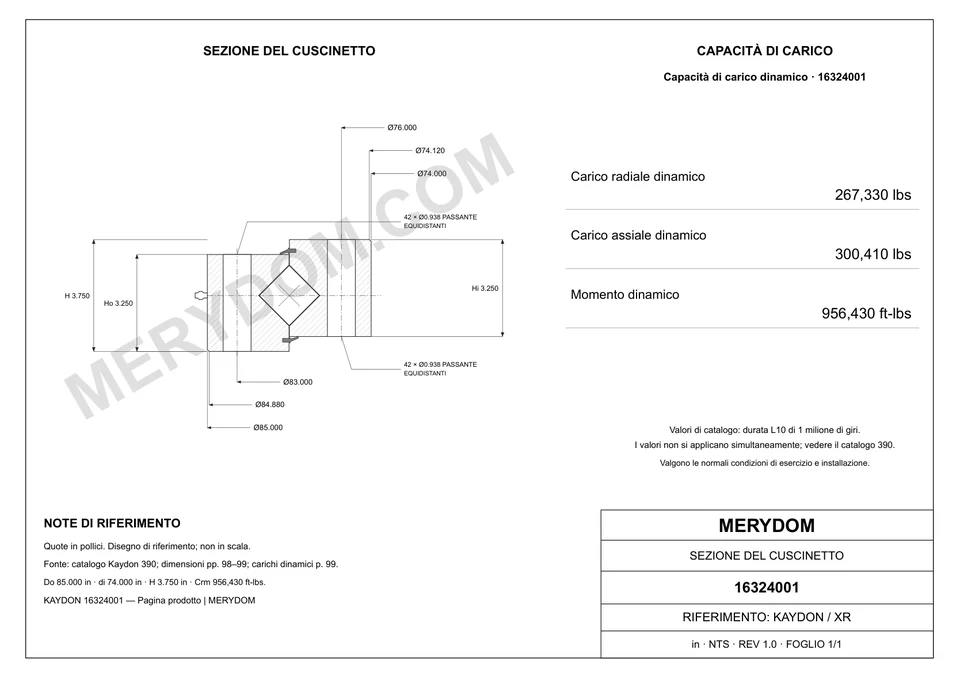 Disegno CAD del cuscinetto di rotazione sostitutivo MERYDOM per KAYDON 16324001, con dimensioni e fori di montaggio.
