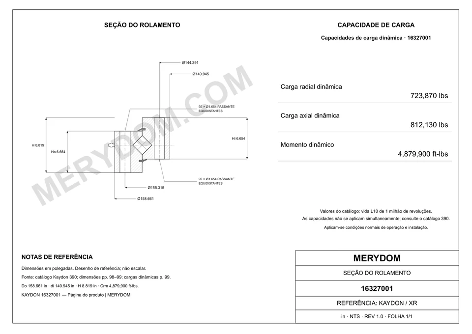 Desenho CAD do rolamento de giro de substituição MERYDOM para KAYDON 16327001, com dimensões e furos de montagem.
