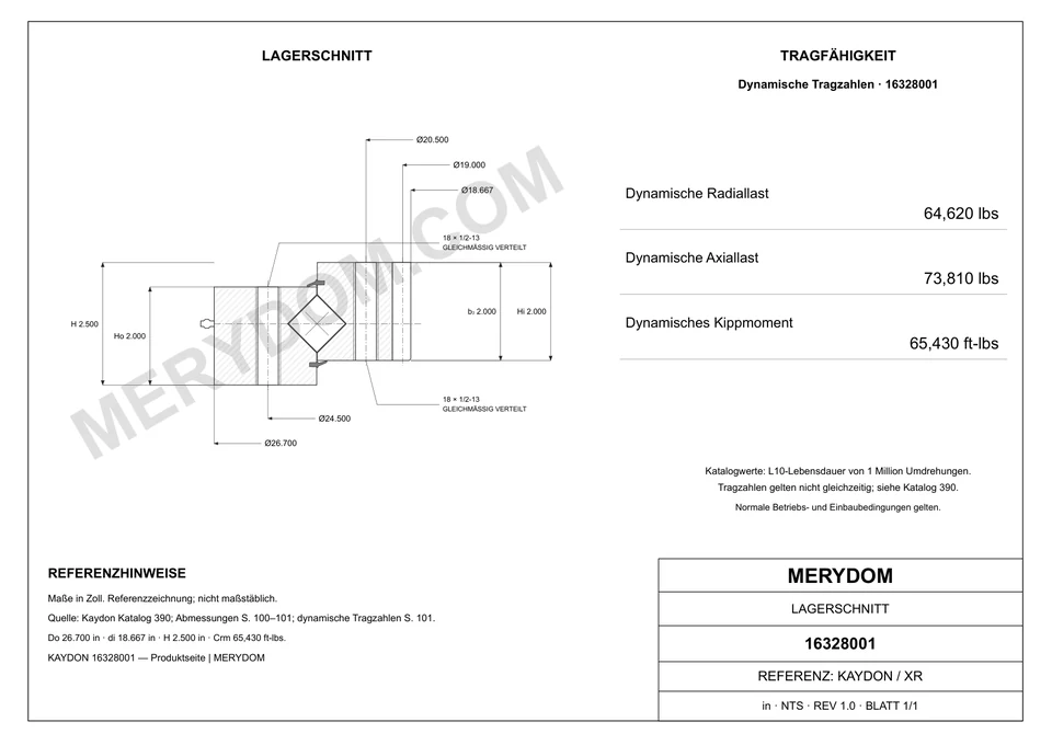 CAD-Zeichnung des MERYDOM-Ersatzdrehkranzes für KAYDON 16328001 mit Abmessungen und Befestigungsbohrungen.