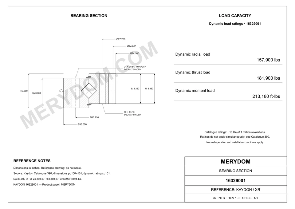 CAD drawing of the MERYDOM replacement slewing bearing for KAYDON 16329001, showing dimensions and mounting holes.
