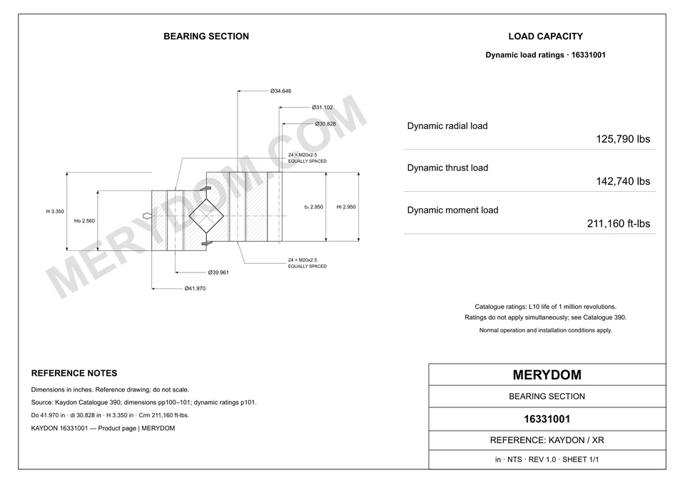 CAD drawing of the MERYDOM replacement slewing bearing for KAYDON 16331001, showing dimensions and mounting holes.