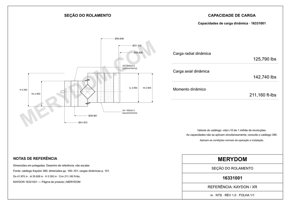 Desenho CAD do rolamento de giro de substituição MERYDOM para KAYDON 16331001, com dimensões e furos de montagem.