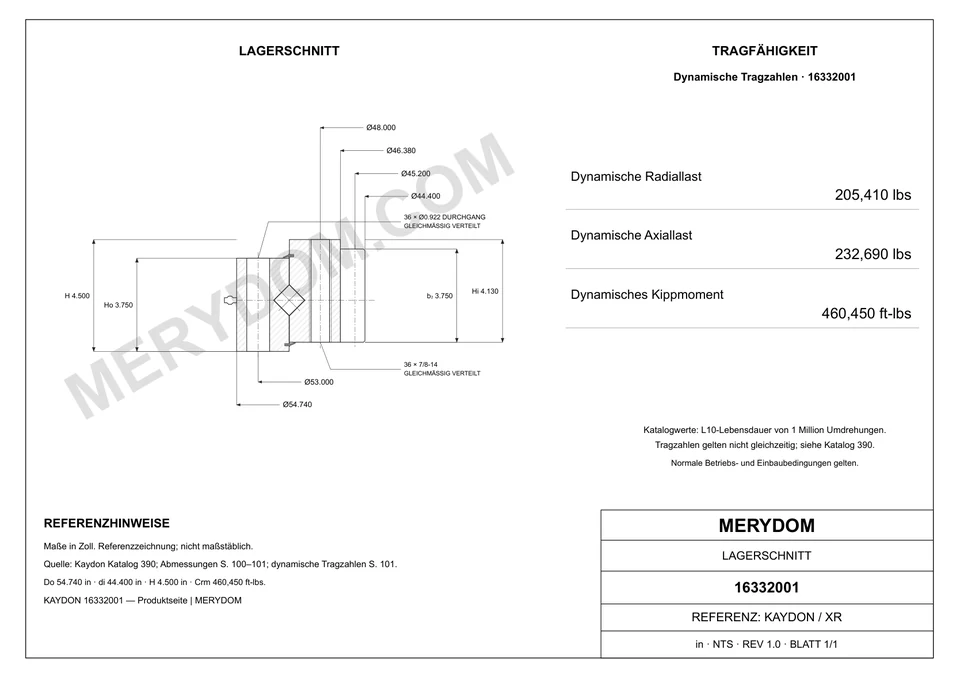CAD-Zeichnung des MERYDOM-Ersatzdrehkranzes für KAYDON 16332001 mit Abmessungen und Befestigungsbohrungen.