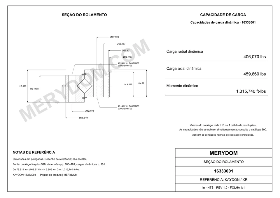 Desenho CAD do rolamento de giro de substituição MERYDOM para KAYDON 16333001, com dimensões e furos de montagem.