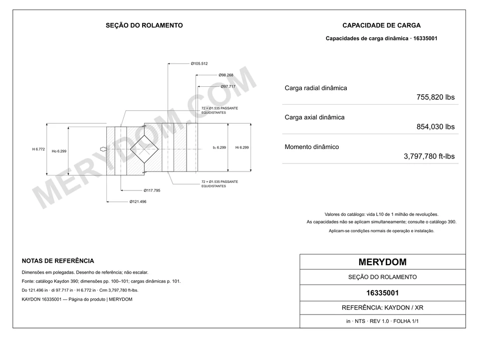Desenho CAD do rolamento de giro de substituição MERYDOM para KAYDON 16335001, com dimensões e furos de montagem.