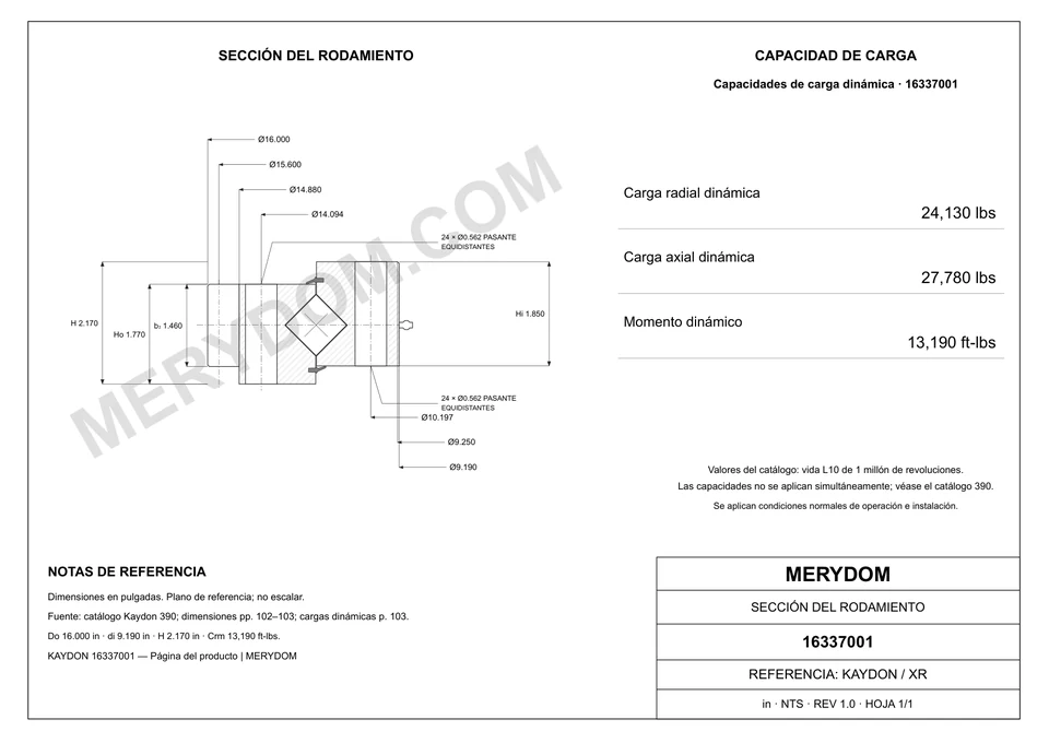 Plano CAD de la corona de giro de sustitución MERYDOM para KAYDON 16337001, con dimensiones y orificios de montaje.