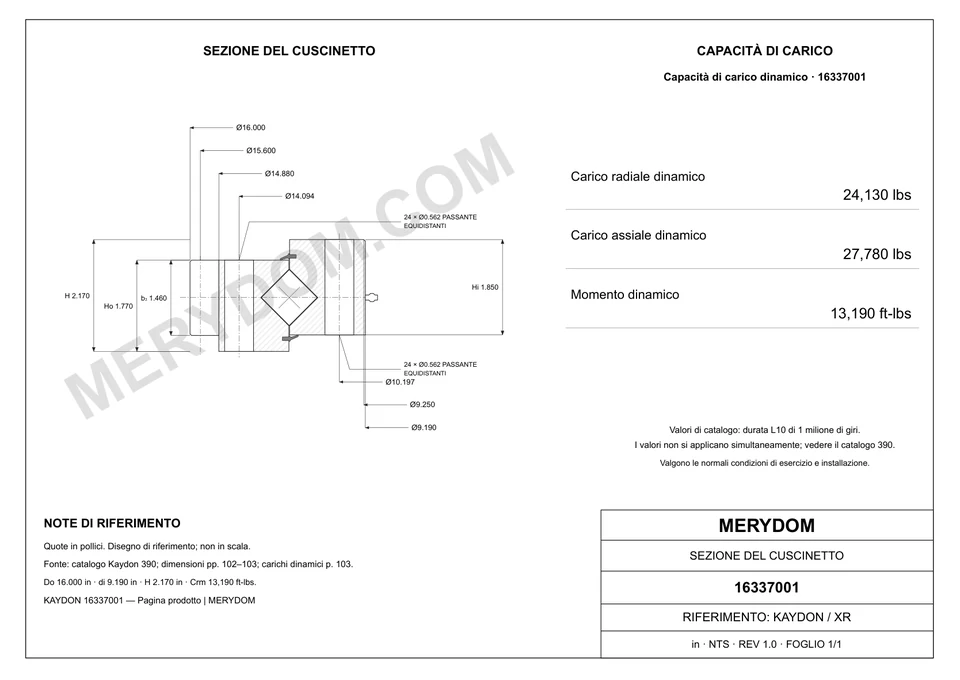 Disegno CAD del cuscinetto di rotazione sostitutivo MERYDOM per KAYDON 16337001, con dimensioni e fori di montaggio.