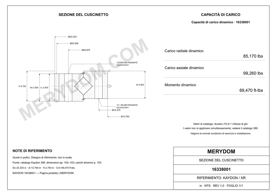 Disegno CAD del cuscinetto di rotazione sostitutivo MERYDOM per KAYDON 16338001, con dimensioni e fori di montaggio.