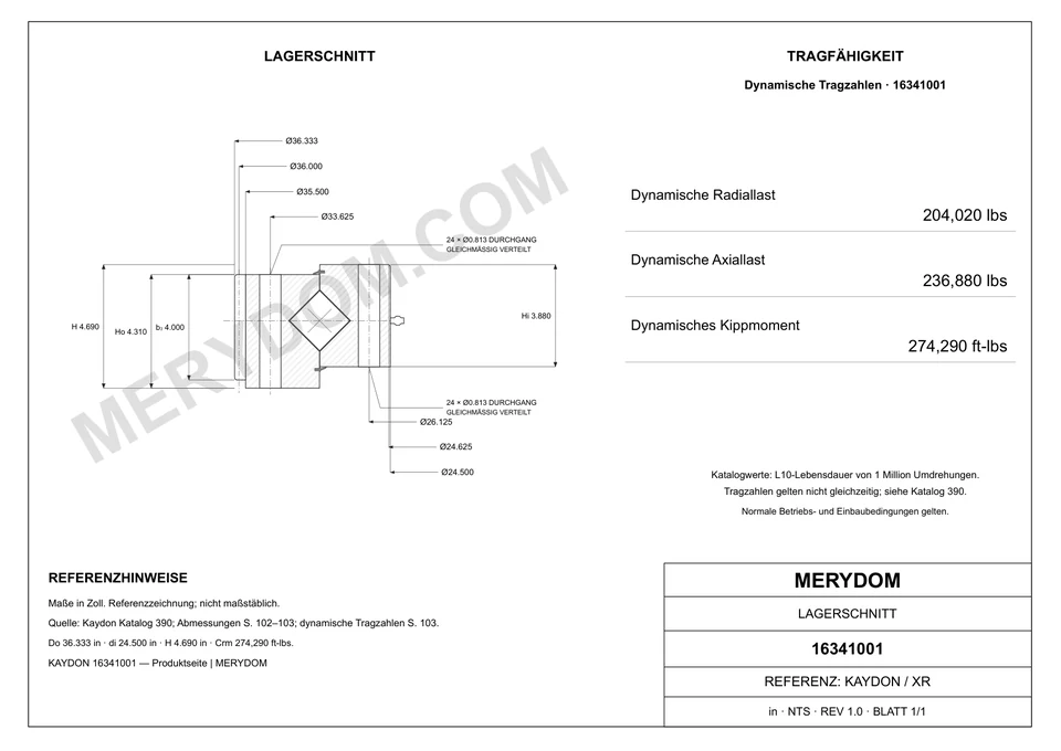 CAD-Zeichnung des MERYDOM-Ersatzdrehkranzes für KAYDON 16341001 mit Abmessungen und Befestigungsbohrungen.