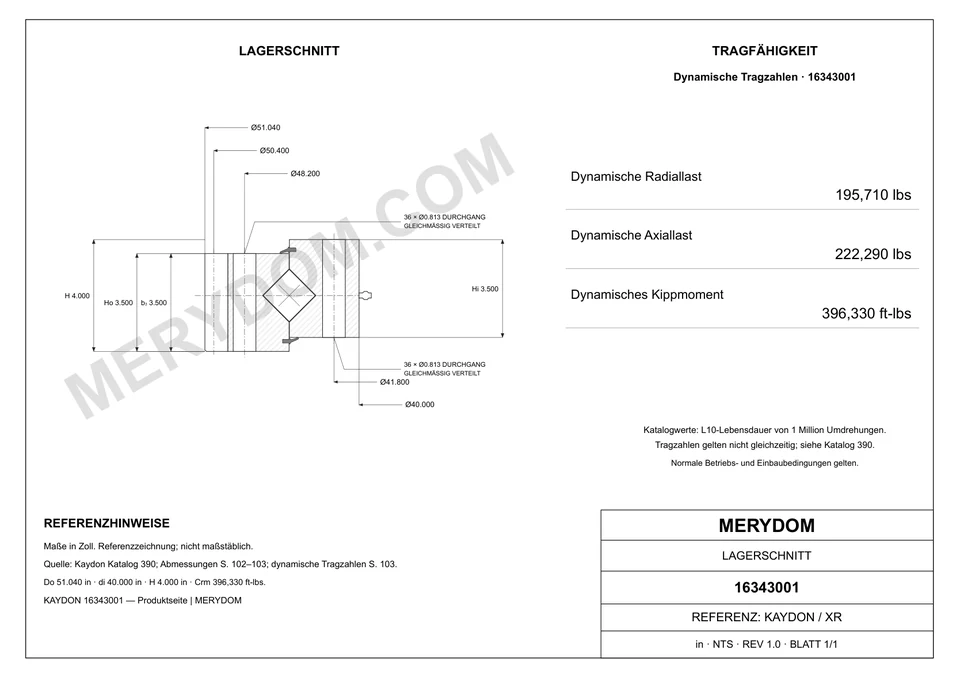 CAD-Zeichnung des MERYDOM-Ersatzdrehkranzes für KAYDON 16343001 mit Abmessungen und Befestigungsbohrungen.