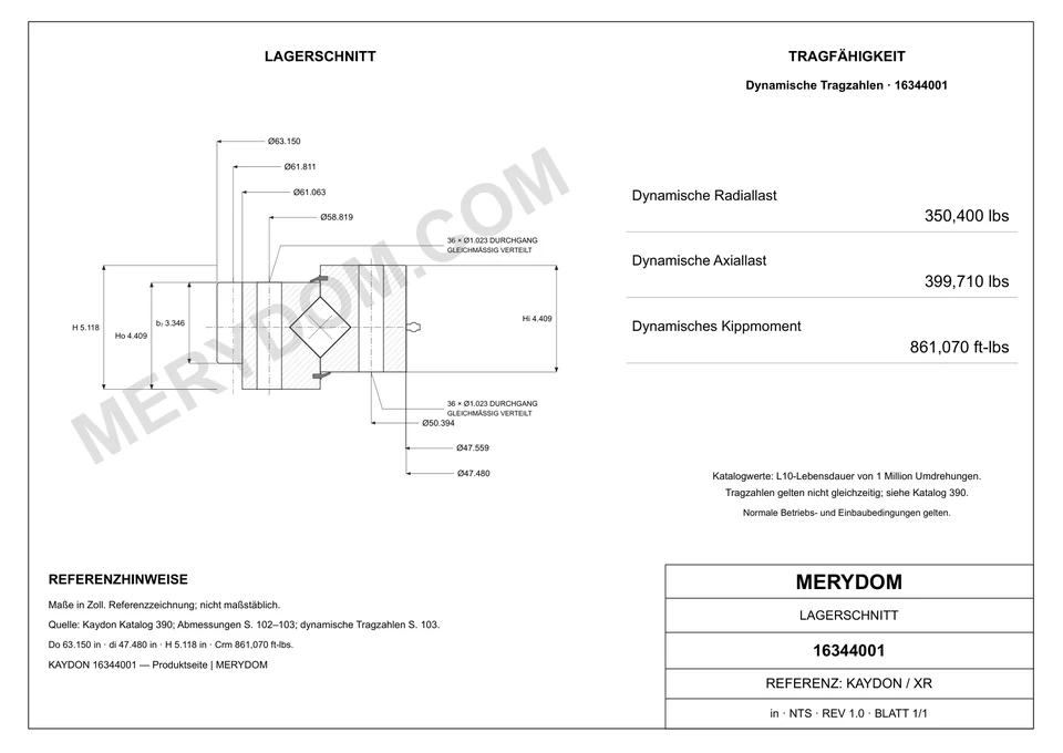 CAD-Zeichnung des MERYDOM-Ersatzdrehkranzes für KAYDON 16344001 mit Abmessungen und Befestigungsbohrungen.