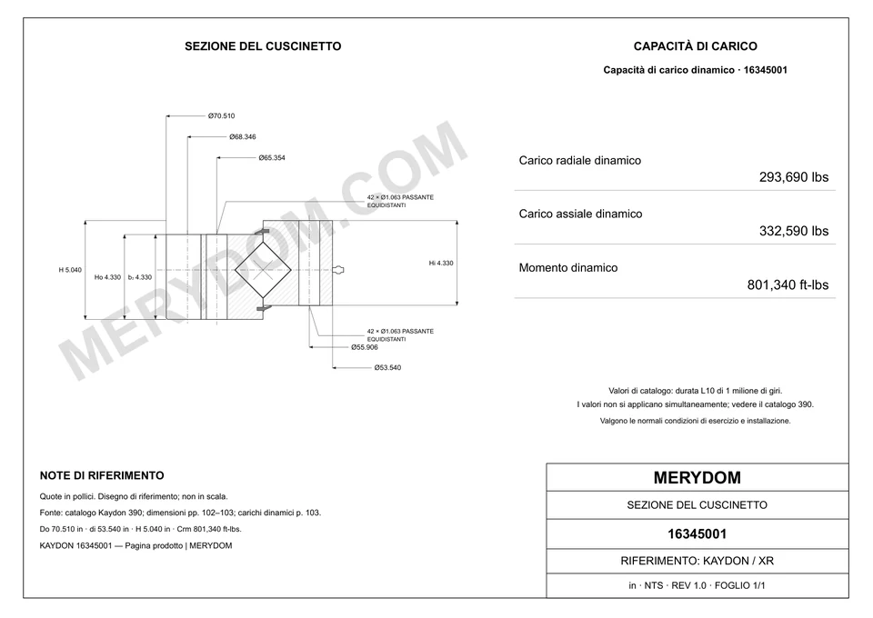 Disegno CAD del cuscinetto di rotazione sostitutivo MERYDOM per KAYDON 16345001, con dimensioni e fori di montaggio.