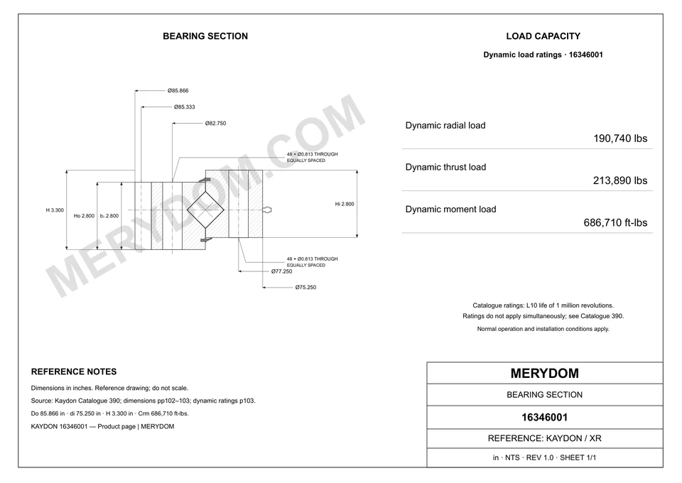 CAD drawing of the MERYDOM replacement slewing bearing for KAYDON 16346001, showing dimensions and mounting holes.
