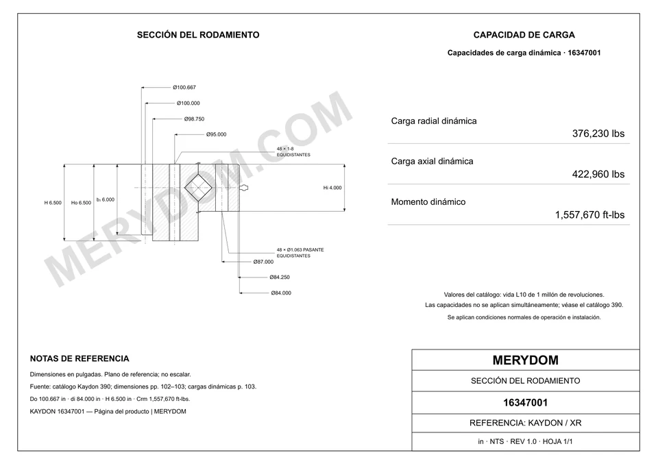 Plano CAD de la corona de giro de sustitución MERYDOM para KAYDON 16347001, con dimensiones y orificios de montaje.