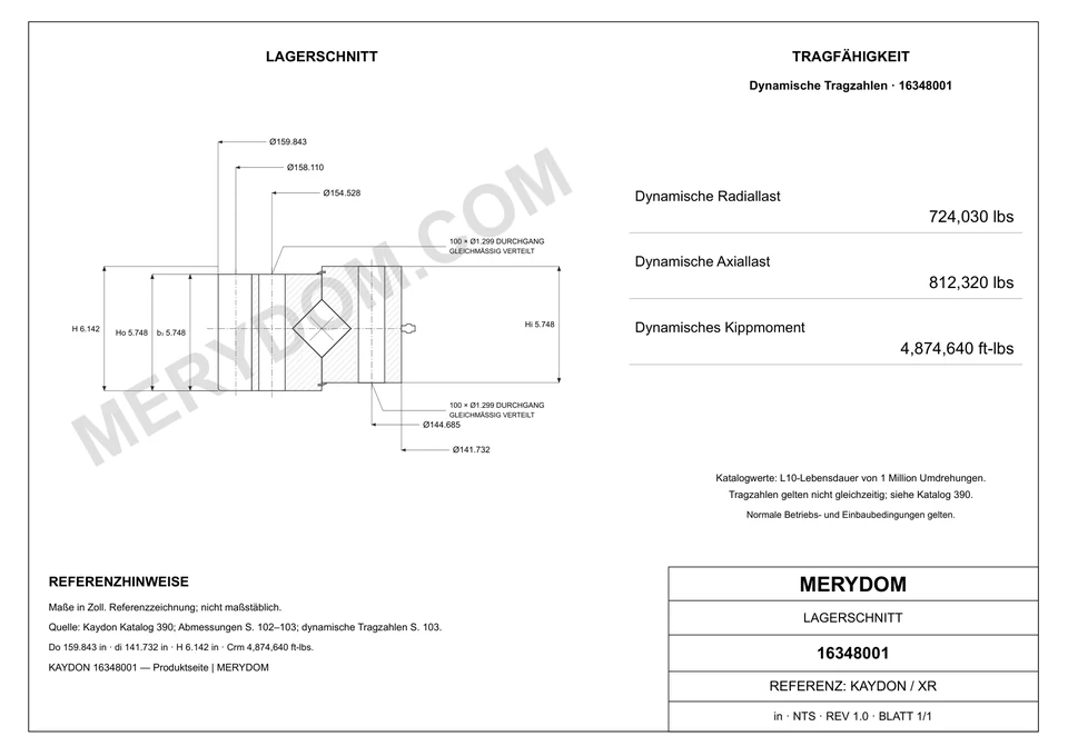 CAD-Zeichnung des MERYDOM-Ersatzdrehkranzes für KAYDON 16348001 mit Abmessungen und Befestigungsbohrungen.