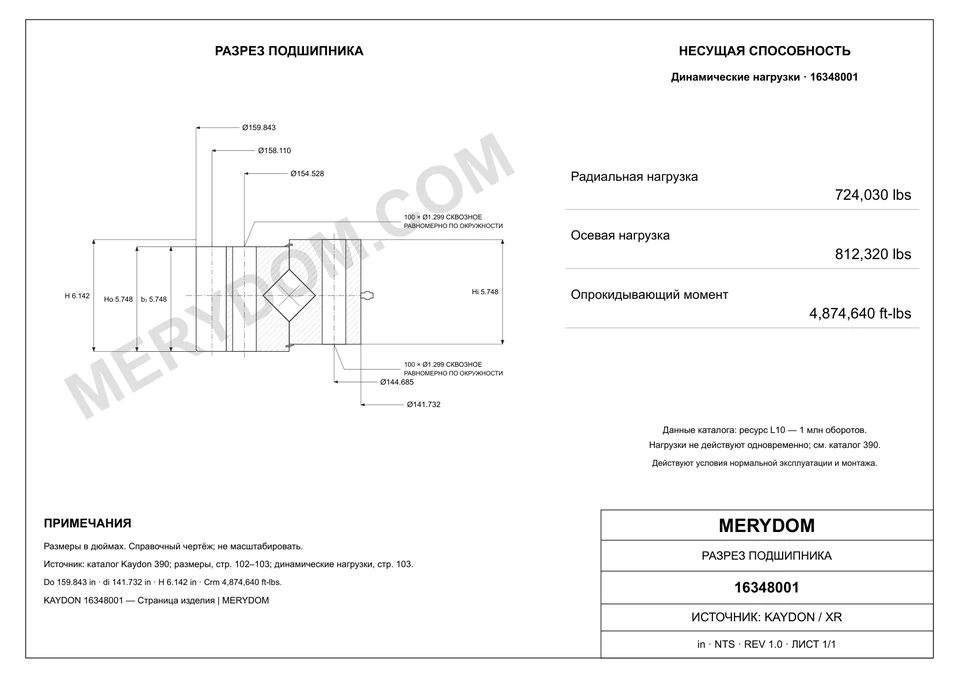 CAD-чертёж опорно-поворотного устройства MERYDOM для замены KAYDON 16348001 с размерами и монтажными отверстиями.