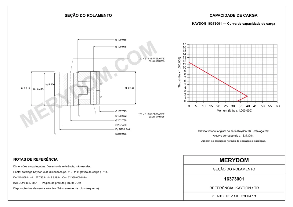Desenho CAD do rolamento de giro de substituição MERYDOM para KAYDON 16373001, com dimensões e furos de montagem.