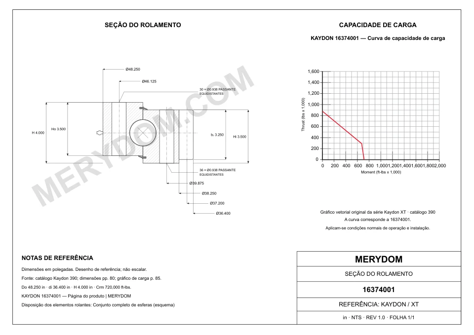 Desenho CAD do rolamento de giro de substituição MERYDOM para KAYDON 16374001, com dimensões e furos de montagem.