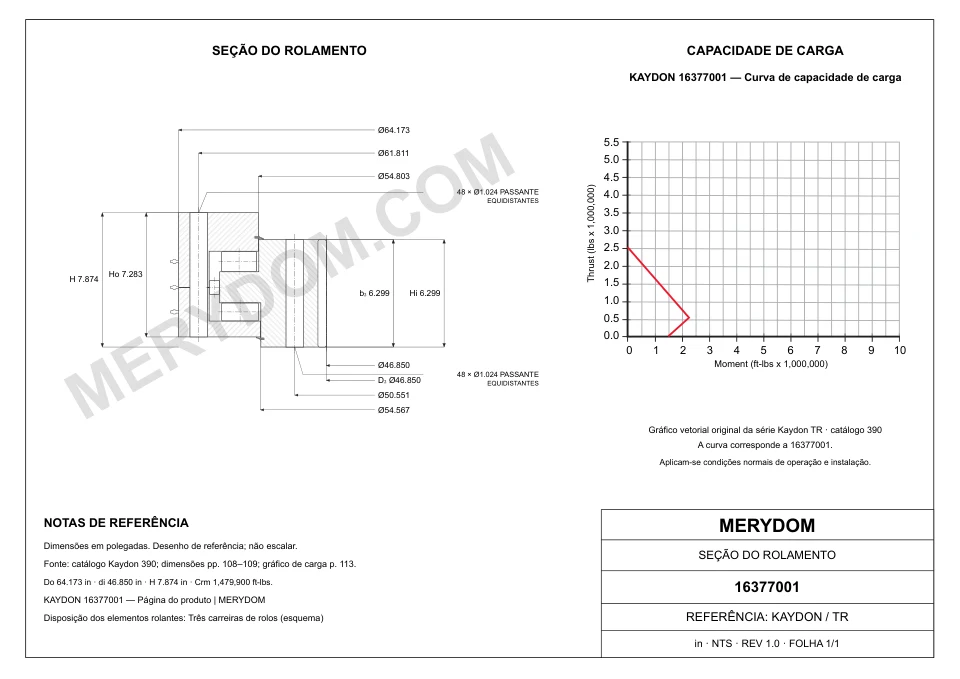 Desenho CAD do rolamento de giro de substituição MERYDOM para KAYDON 16377001, com dimensões e furos de montagem.