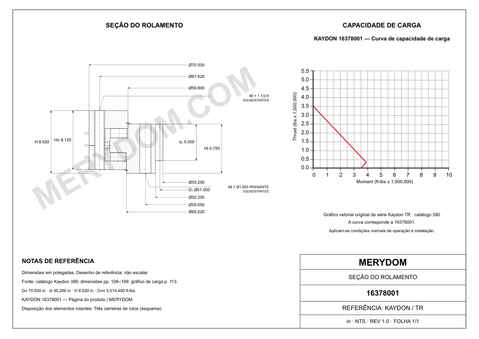 Desenho CAD do rolamento de giro de substituição MERYDOM para KAYDON 16378001, com dimensões e furos de montagem.