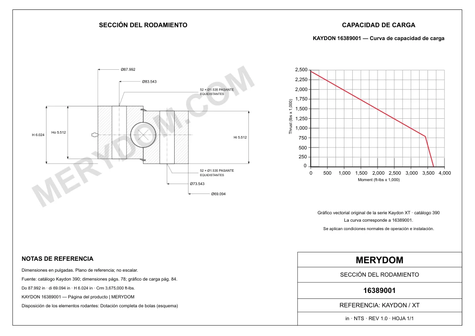 Plano CAD de la corona de giro de sustitución MERYDOM para KAYDON 16389001, con dimensiones y orificios de montaje.
