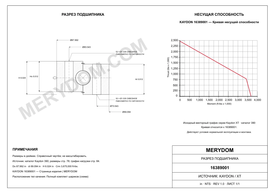 CAD-чертёж опорно-поворотного устройства MERYDOM для замены KAYDON 16389001 с размерами и монтажными отверстиями.