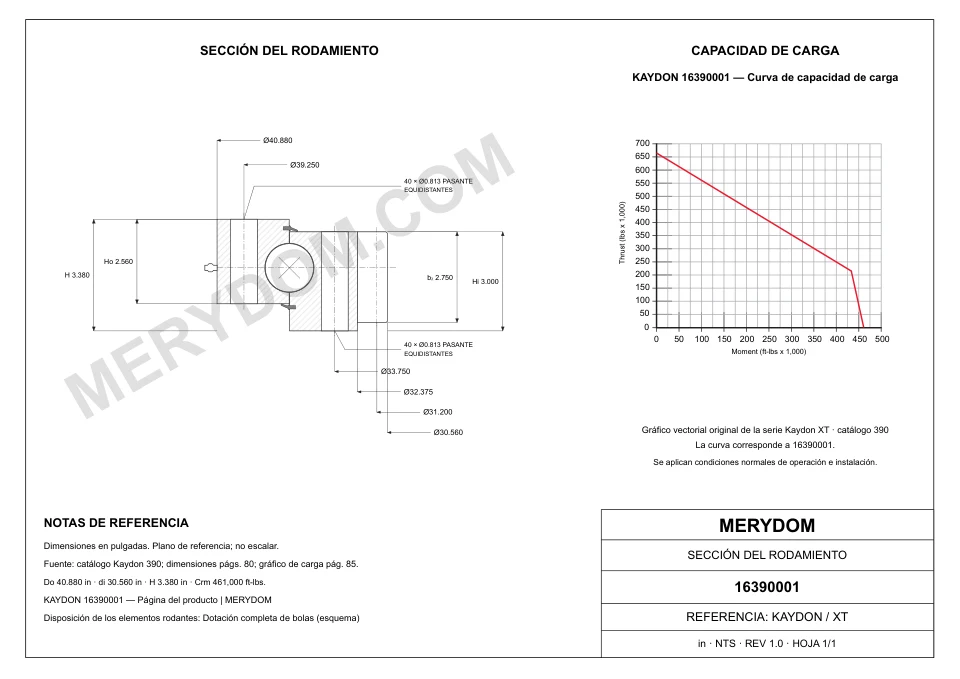 Plano CAD de la corona de giro de sustitución MERYDOM para KAYDON 16390001, con dimensiones y orificios de montaje.