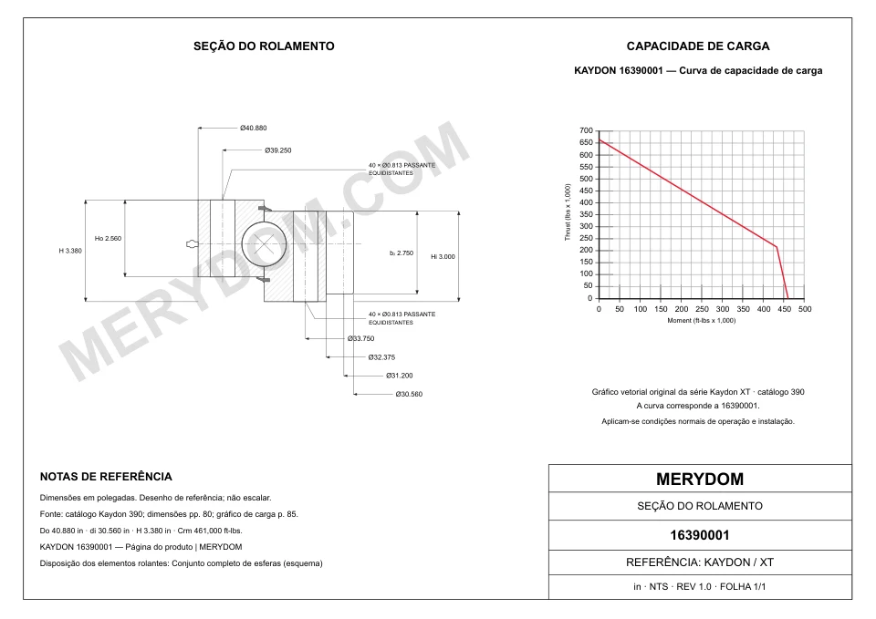 Desenho CAD do rolamento de giro de substituição MERYDOM para KAYDON 16390001, com dimensões e furos de montagem.