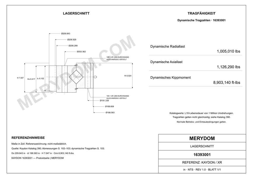 CAD-Zeichnung des MERYDOM-Ersatzdrehkranzes für KAYDON 16393001 mit Abmessungen und Befestigungsbohrungen.