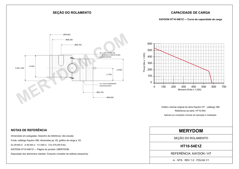 Desenho CAD do rolamento de giro de substituição MERYDOM para KAYDON HT10-54E1Z, com dimensões e furos de montagem.