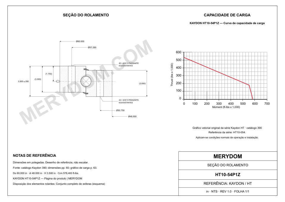 Desenho CAD do rolamento de giro de substituição MERYDOM para KAYDON HT10-54P1Z, com dimensões e furos de montagem.