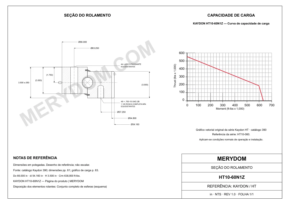 Desenho CAD do rolamento de giro de substituição MERYDOM para KAYDON HT10-60N1Z, com dimensões e furos de montagem.