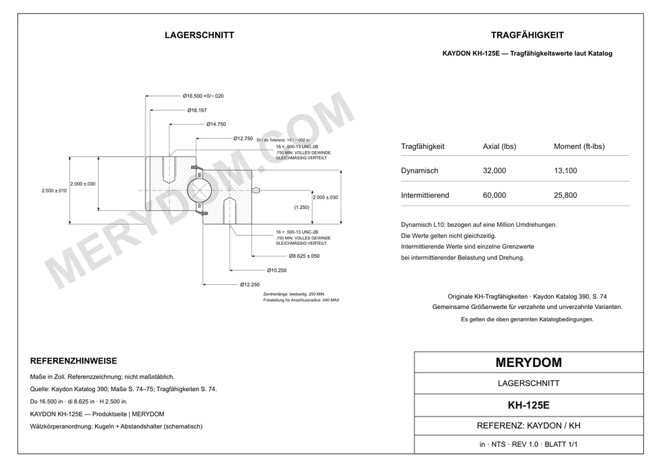 CAD-Zeichnung des MERYDOM-Ersatzdrehkranzes für KAYDON KH-125E mit Abmessungen und Befestigungsbohrungen.