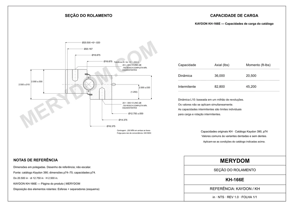Desenho CAD do rolamento de giro de substituição MERYDOM para KAYDON KH-166E, com dimensões e furos de montagem.